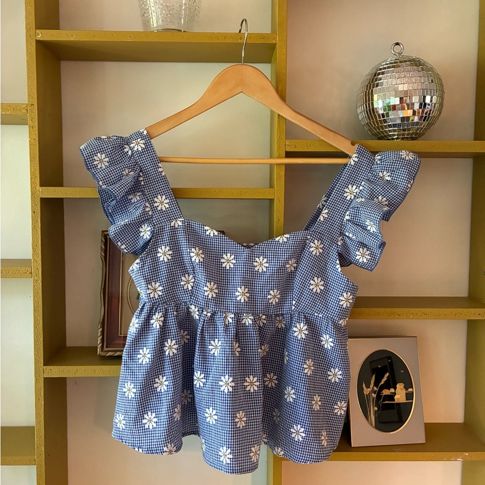 SHEIN Blue Gingham Daisy Ruffle-Sleeve Peplum Top